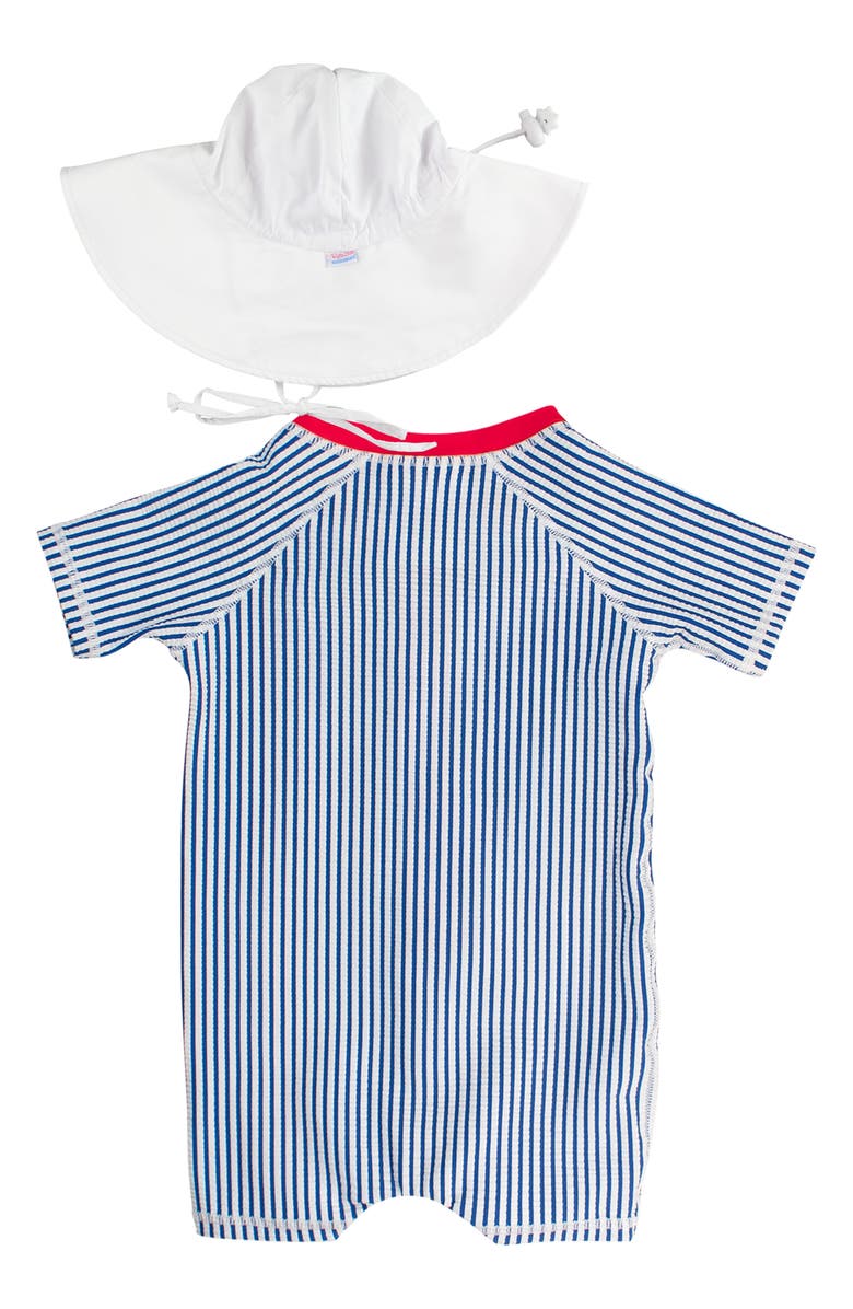 RuggedButts Blue Seersucker One-Piece Rashguard Swimsuit & Hat Set, Alternate, color, 