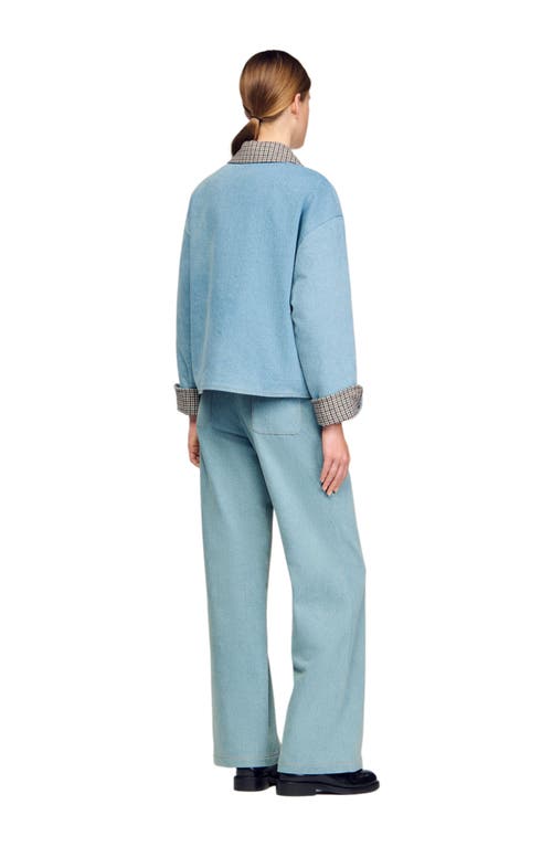 Sandro Plaid Collar Denim Jacket In Blue