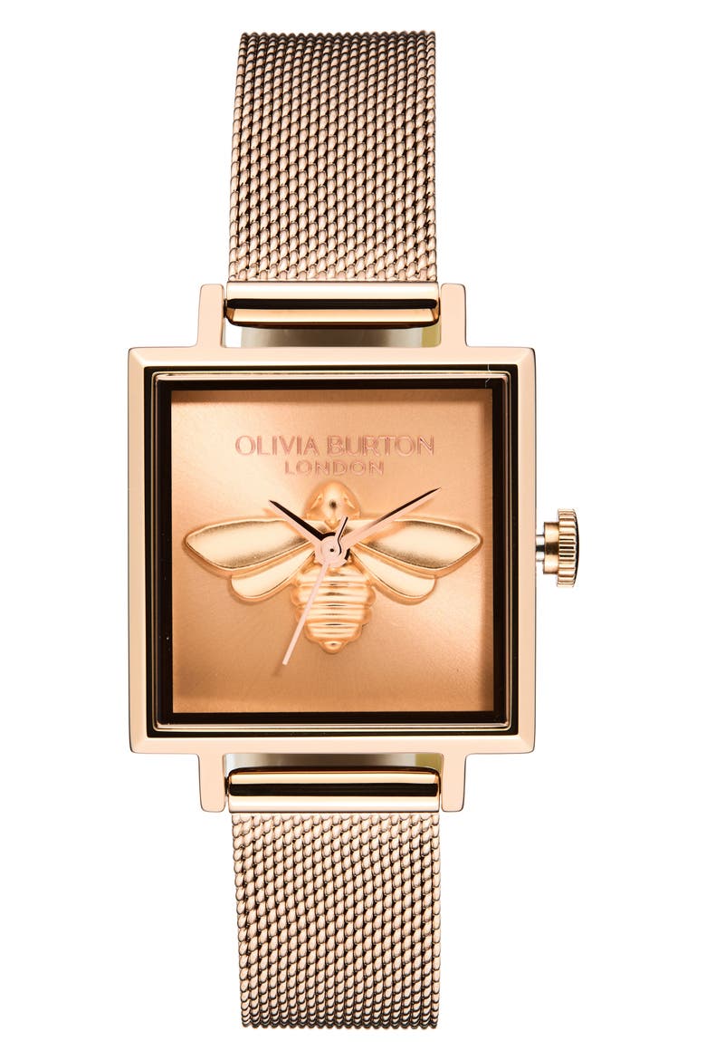 Square Lucky Bee Mesh Strap Watch, 23mm, Main, color, ROSE GOLD