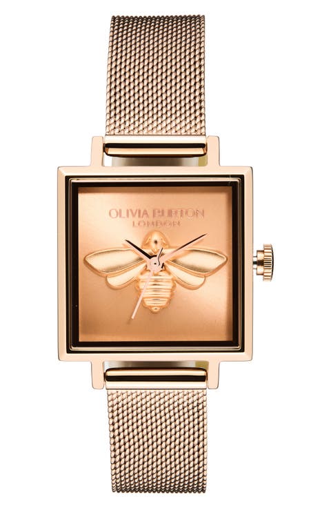 Square Lucky Bee Mesh Strap Watch, 23mm