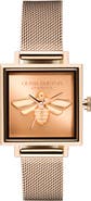 Olivia Burton Square Lucky Bee Mesh Strap Watch, 23mm