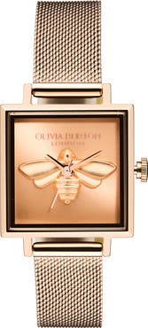 Olivia Burton Square Lucky Bee Mesh Strap Watch, 23mm