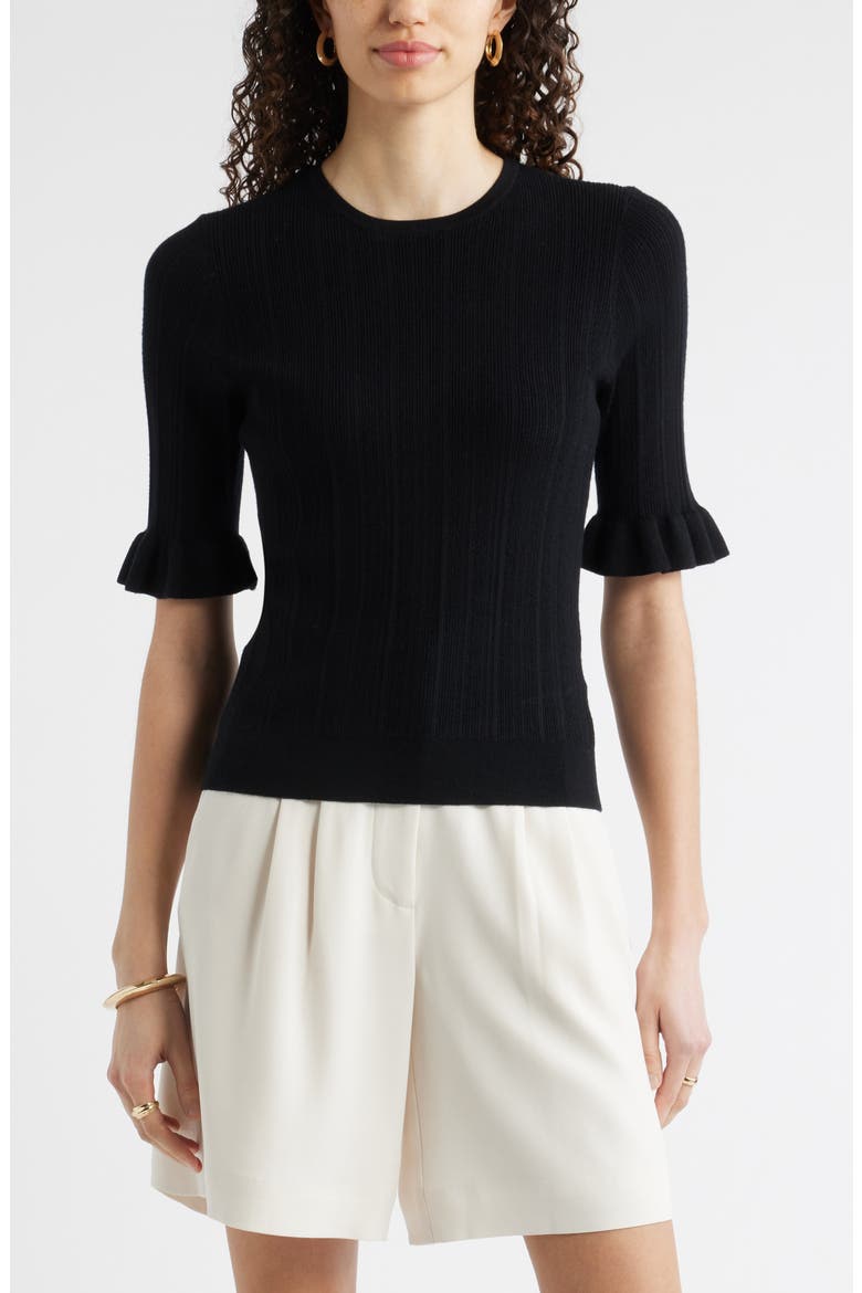 Pointelle Wool Blend Crewneck Sweater, Main, color, BLACK