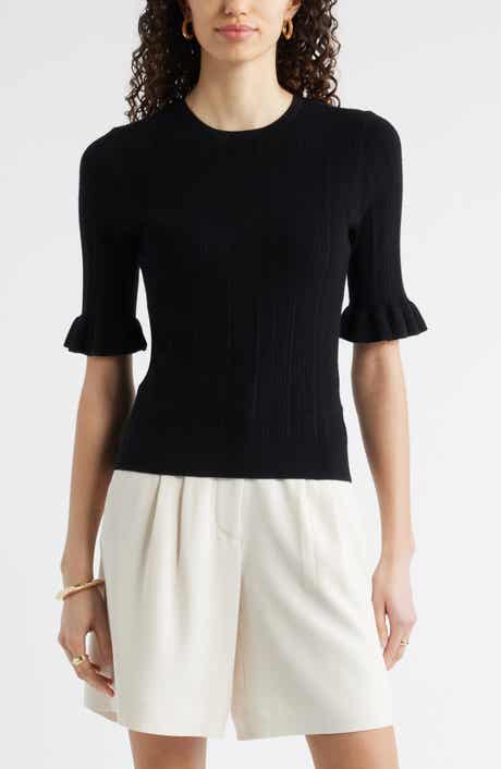 Pointelle Wool Blend Crewneck Sweater