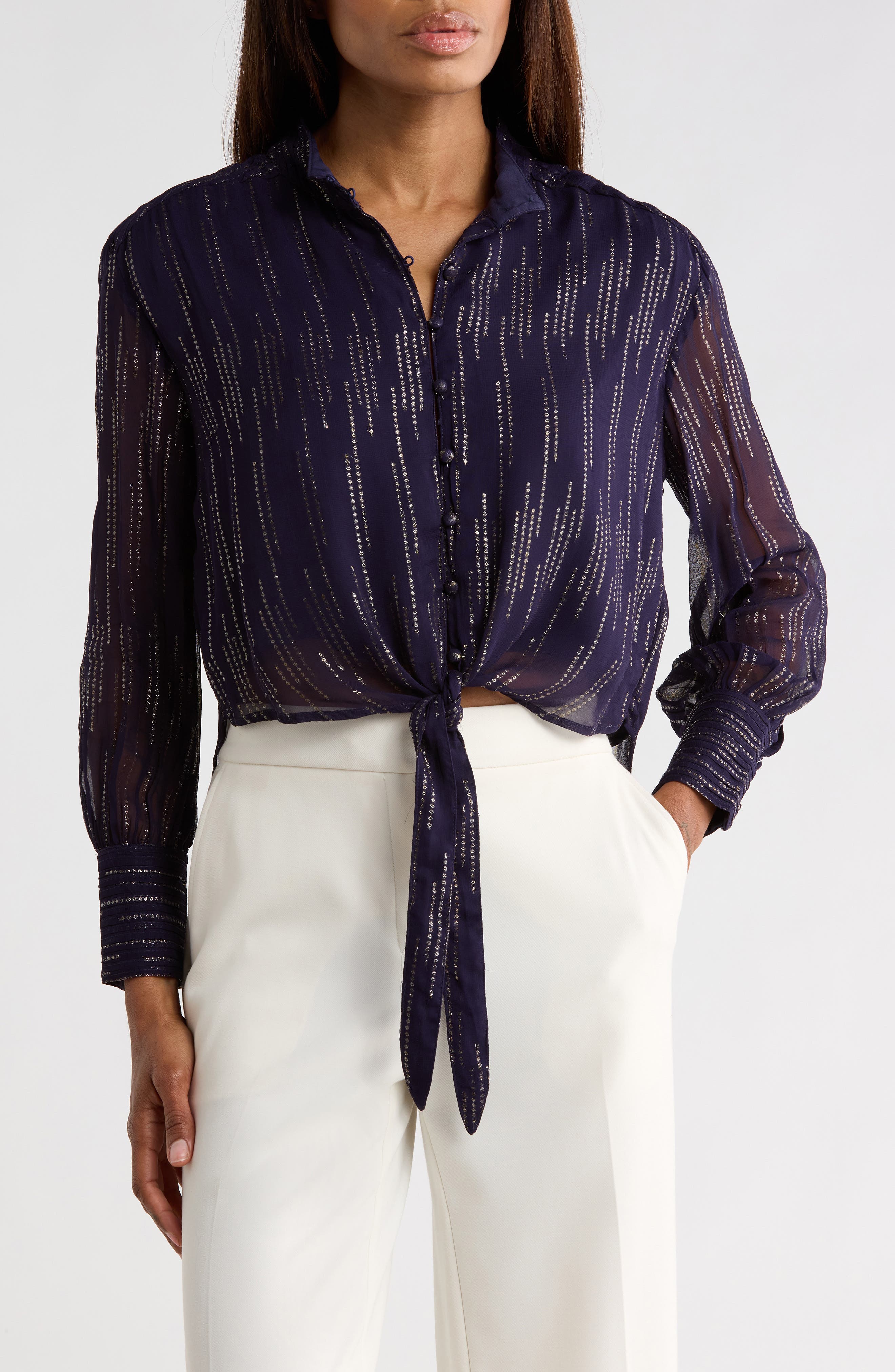 CIEBON Aurora Metallic Tie Hem Button-Up Top