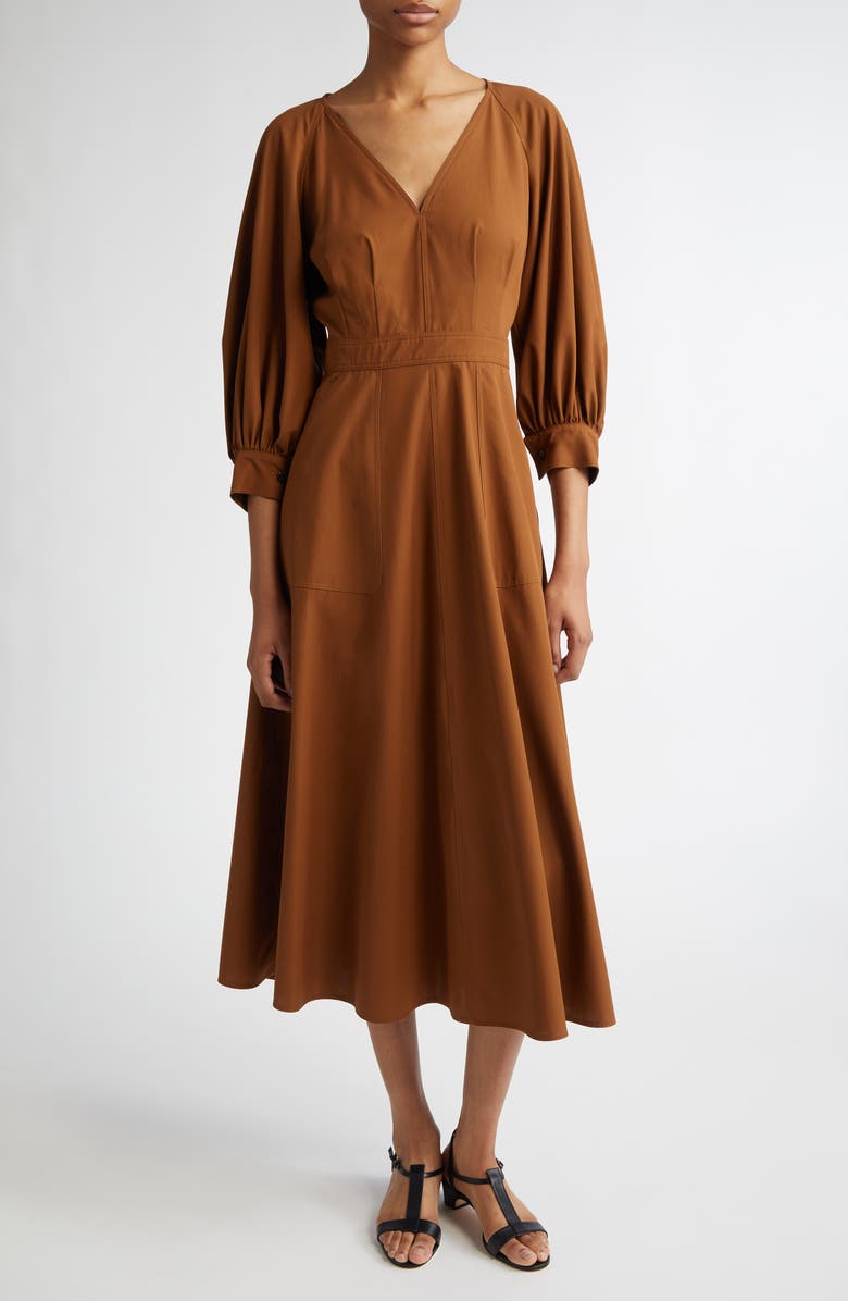 Max Mara Pedaggi Cotton Poplin Fit & Flare Dress, Main, color, Tobacco