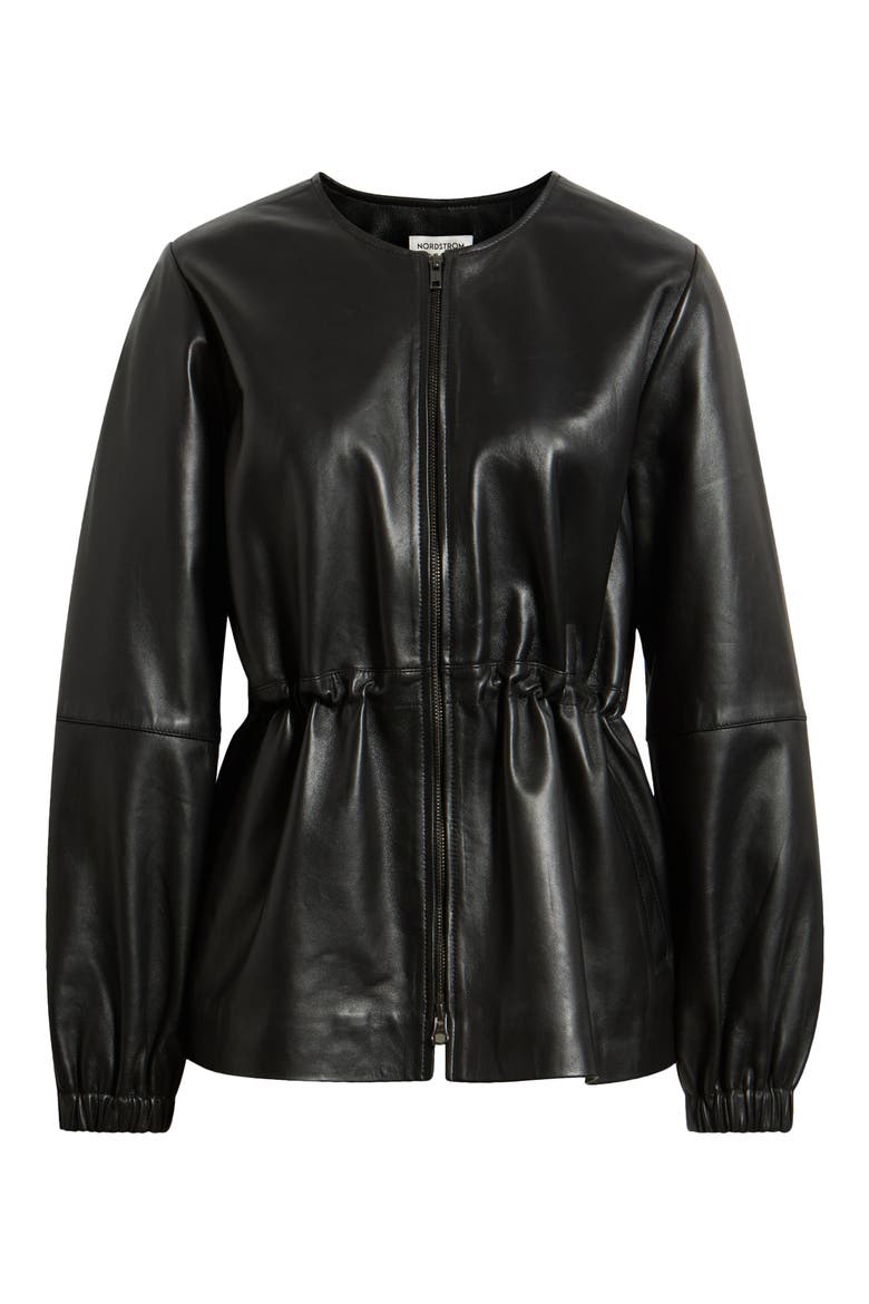 Cinch Waist Leather Jacket, Main, color, BLACK
