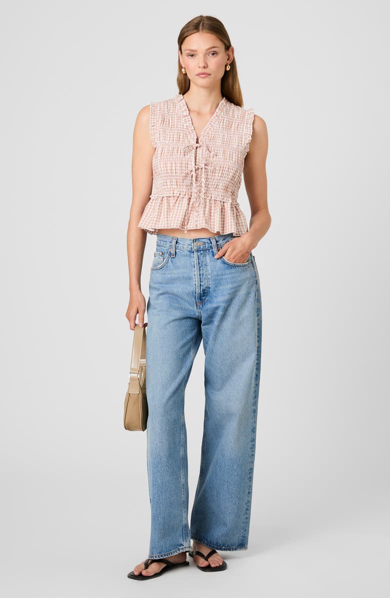 French Connection Rhodes Ruffle Smocked Peplum Cotton Poplin Top, Alternate, color, Petite Gingham Almond