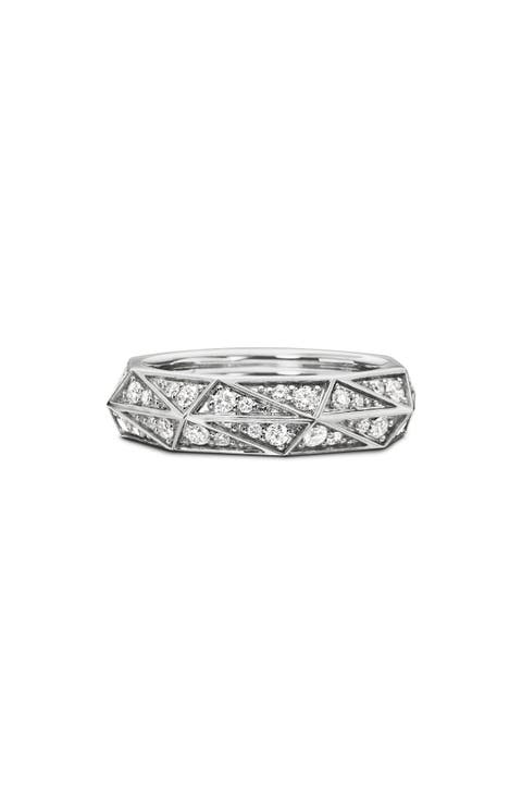 Torqued Faceted Band Ring in Sterling Silver with Pavé Diamonds