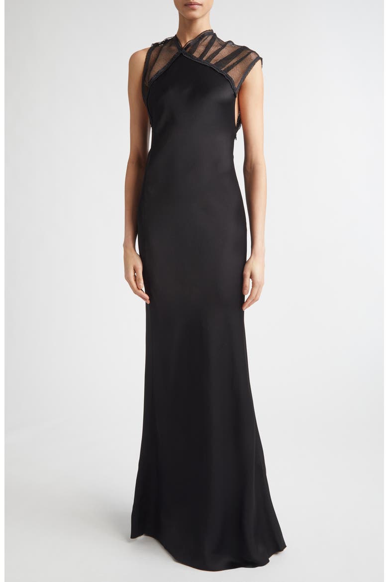 Asymmetric Mesh Trim Trumpet Gown, Main, color, BLACK