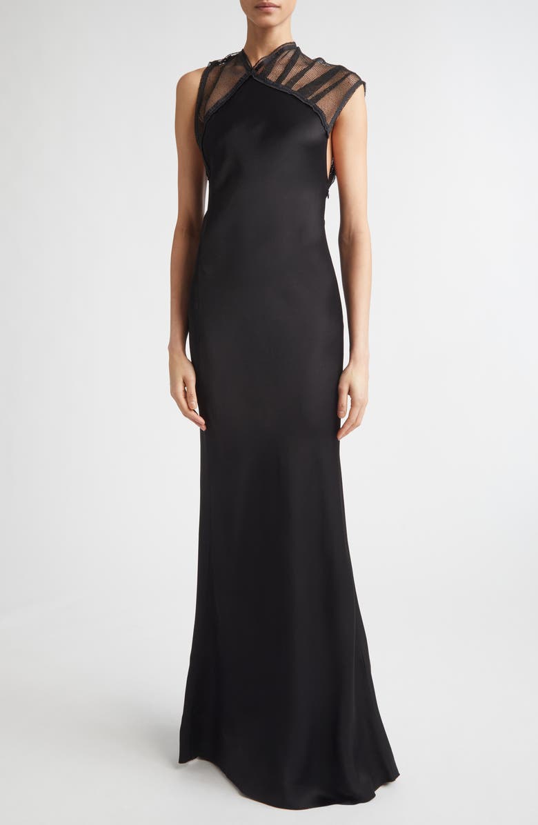 Victoria Beckham Asymmetric Mesh Trim Trumpet Gown, Main, color, Black