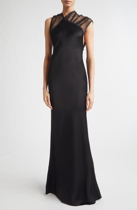 Asymmetric Mesh Trim Trumpet Gown
