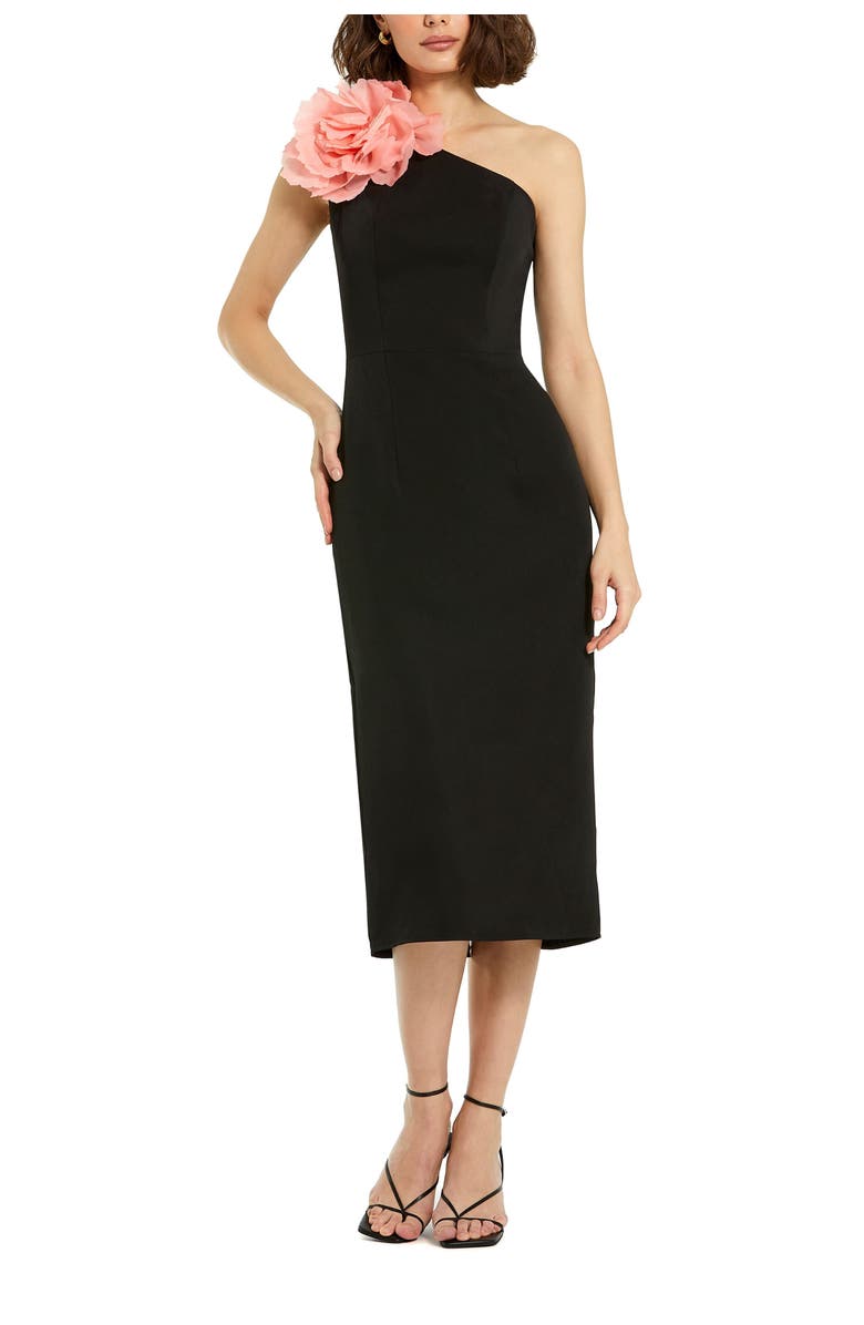 Mac Duggal Crepe One Shoulder Midi Dress With Flower, Main, color, Black