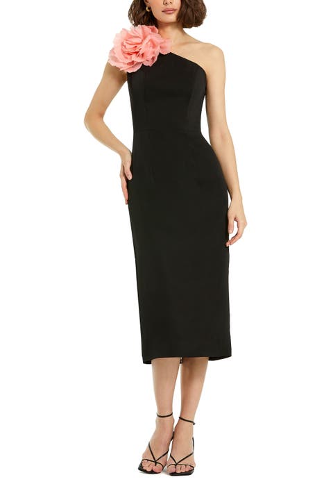 Crepe One Shoulder Midi Dress With Flower