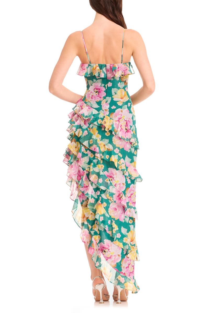 Dress the Population Josefina Metallic Floral Ruffle Detail Gown, Alternate, color, Pine Multi