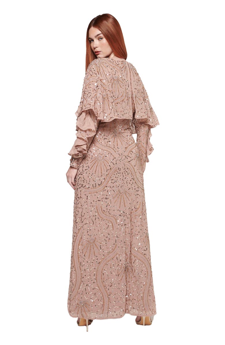 MARYISA Occasion Modest Embellished Sequin Beaded Evening Maxi Dress, Alternate, color, Taupe Blush