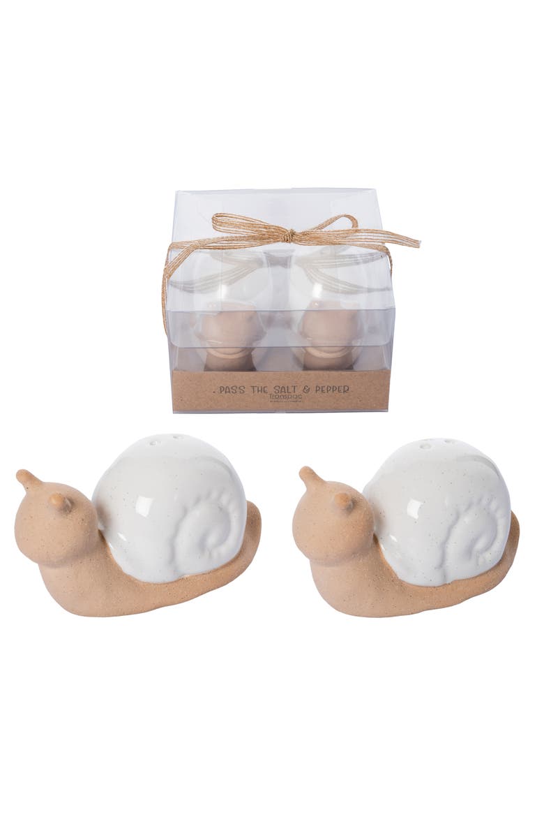 Ceramic Snail Salt and Pepper Set of 2 White for Spring Serving and Entertaining, Main, color, Multicolored