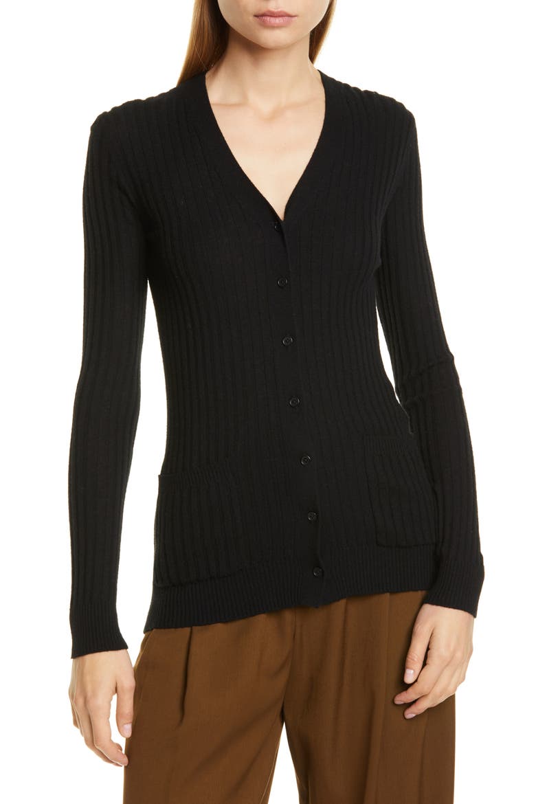Ribbed Skinny Cashmere Cardigan, Main, color, BLACK