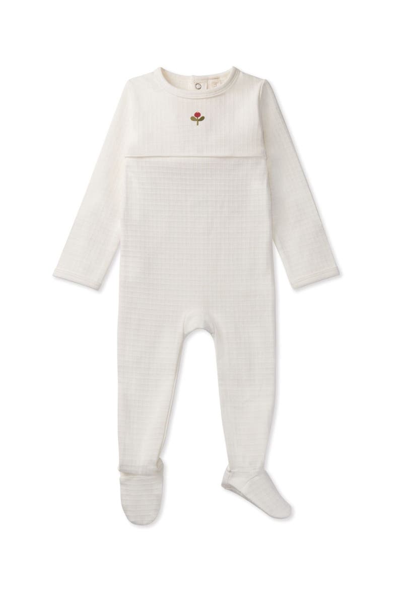 Waffle Footie with Embroidered Flower Bud, Main, color, Winter White