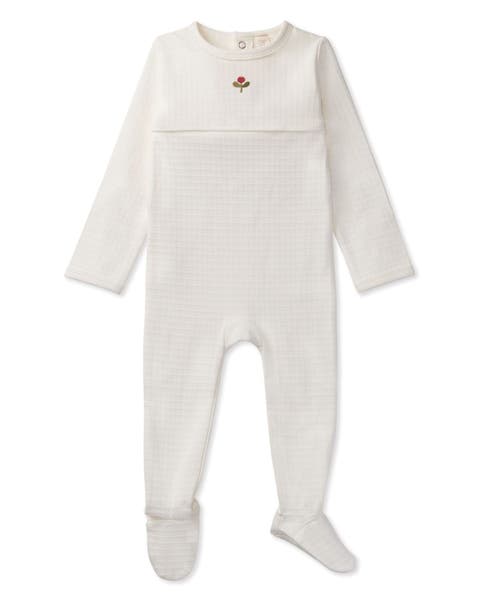 Waffle Footie with Embroidered Flower Bud