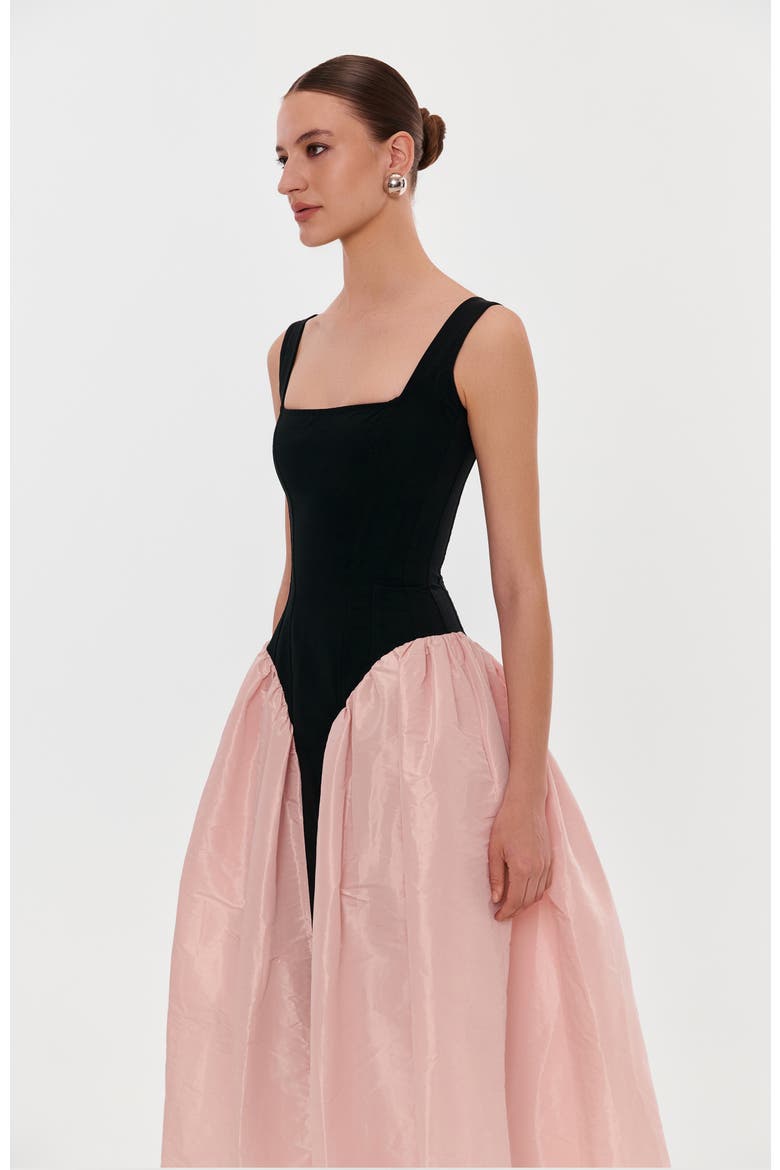 Corset Formal Occasion Midi Dress with Glossy Skirt in Black & Pink, Alternate, color, Black&Pink