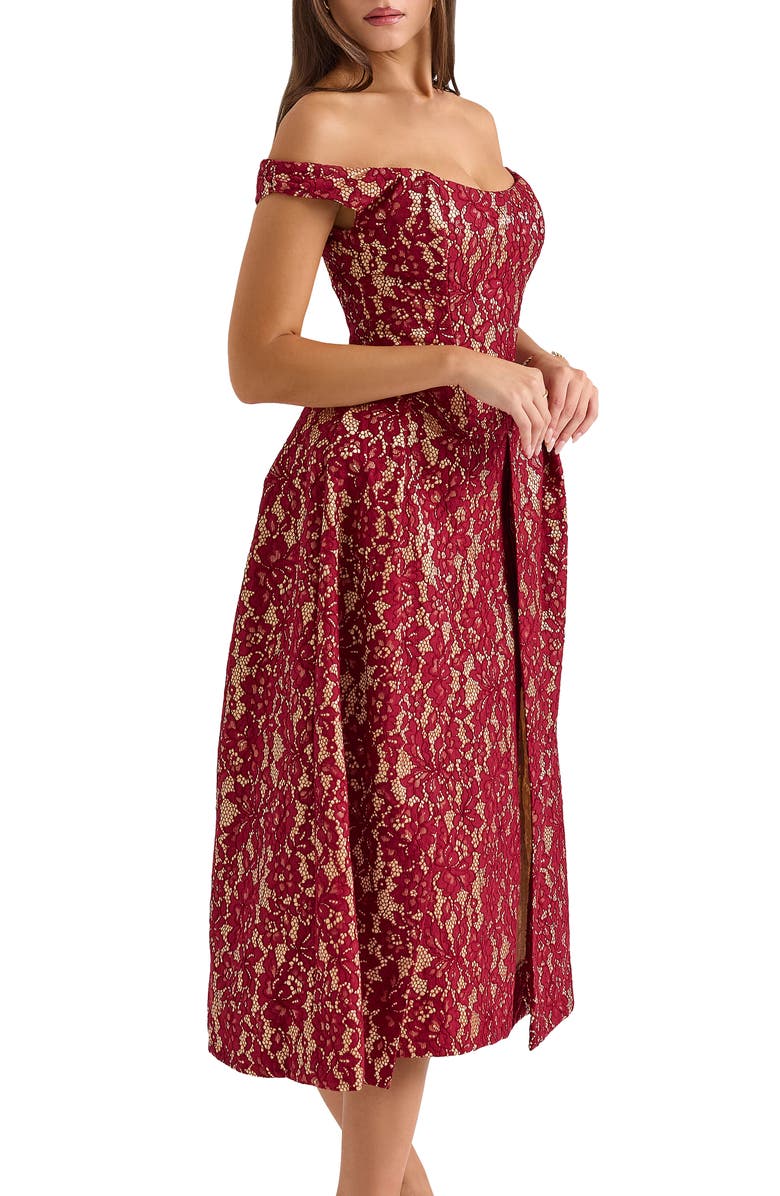 HOUSE OF CB Charming Off the Shoulder Cocktail Dress, Alternate, color, Rhubarb And Gold