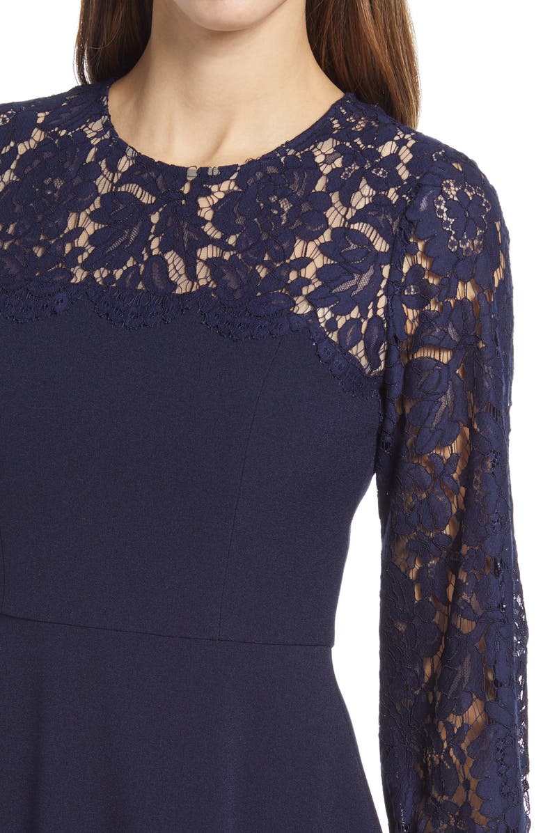 Eliza J Lace Long Sleeve Midi Dress, Alternate, color, Navy