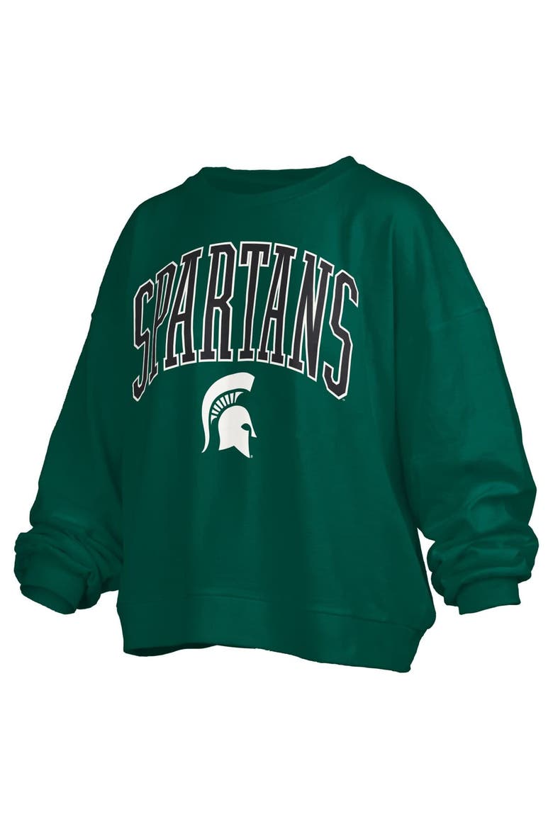 Women's Pressbox Green Michigan State Spartans Janise Arch Over Logo Waist Length Oversized Pullover Sweatshirt, Alternate, color, Green