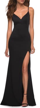 La Femme Simple Jersey Gown with V Neckline and Slit