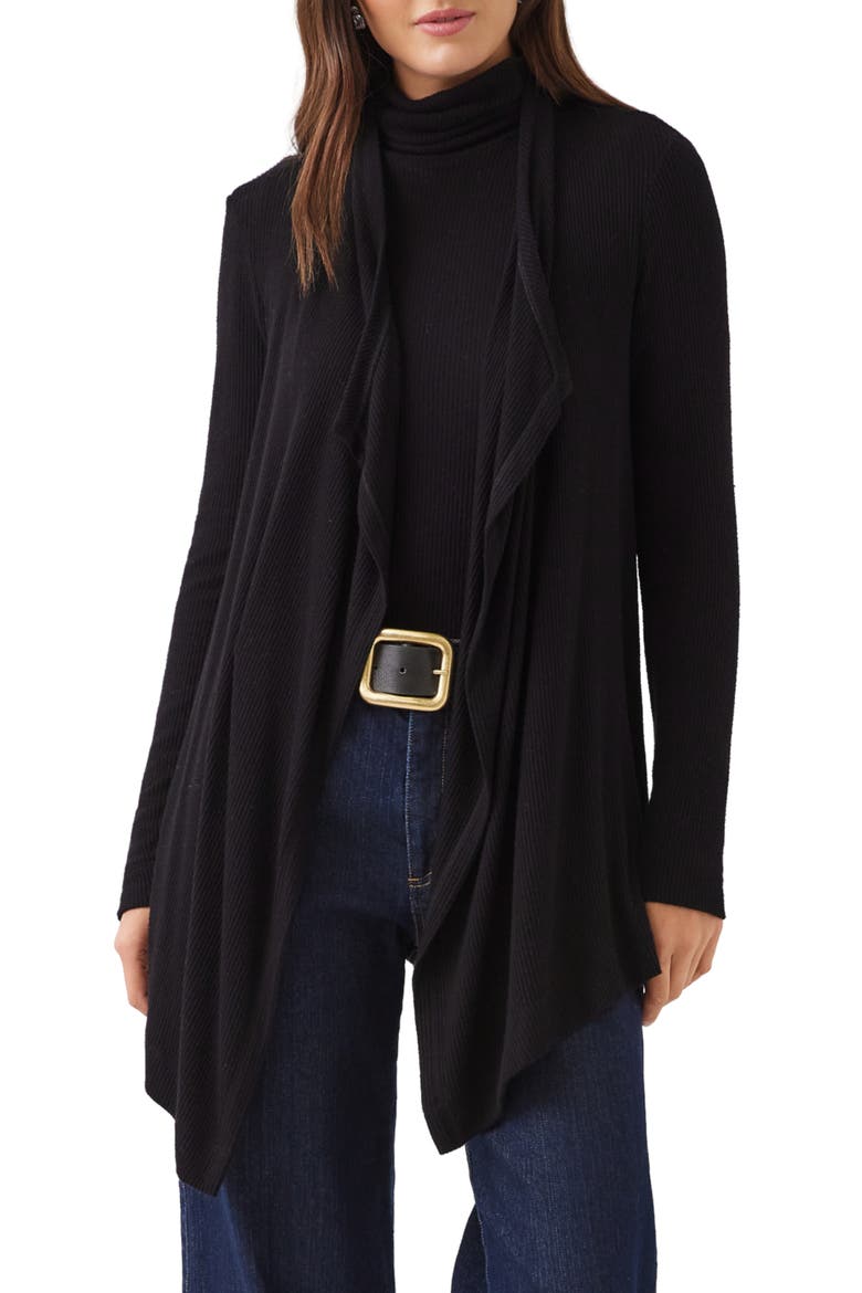 Ribbed Drape Front Cardigan, Main, color, BLACK