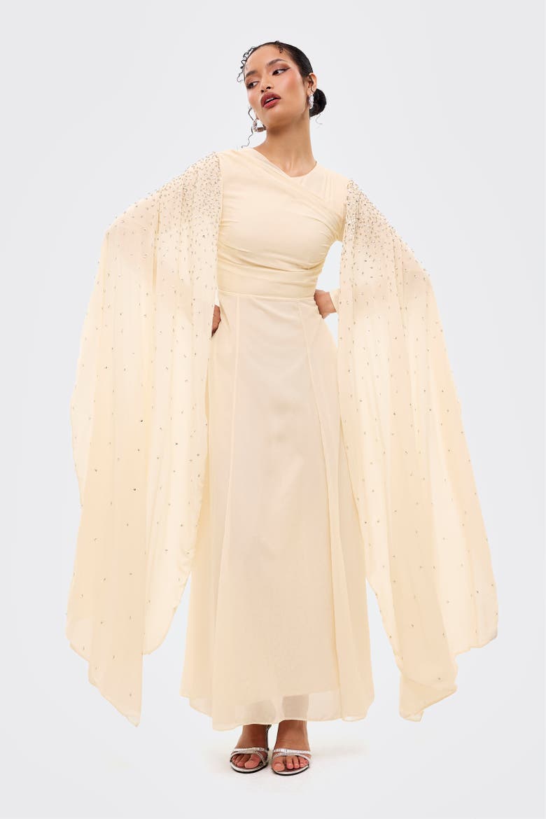 Modest Cape Embellished Sequins Maxi Dress, Alternate, color, CREAM