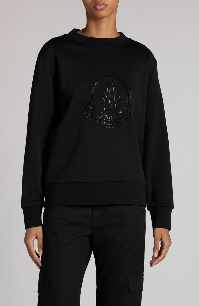 Moncler Crystal Embellished Logo Cotton Blend Sweatshirt, Main, color,