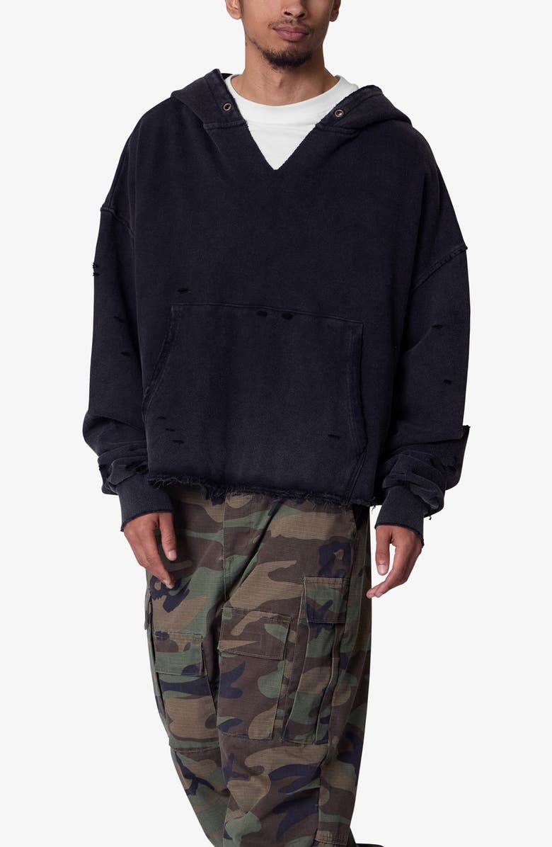 mnml Destroyed V-Neck Hoodie, Alternate, color, Washed Black