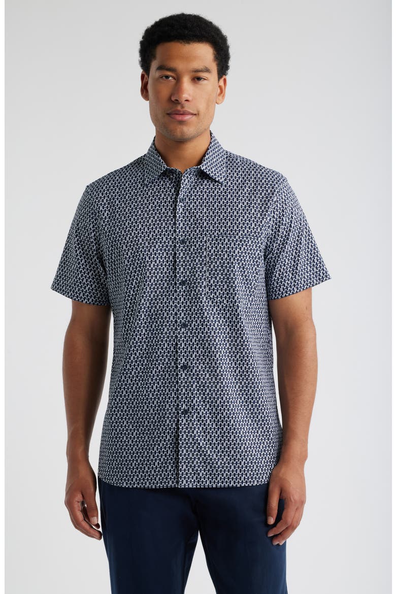 Check Short Sleeve Stretch Button-Up Shirt, Main, color, NAVY PAINTED CHECK