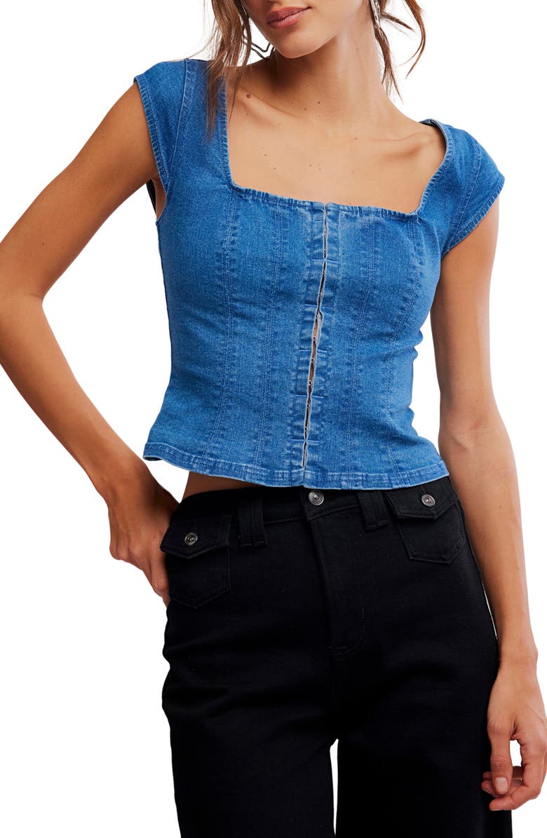 Free People Marilyn Denim Corset Top, Main, color, Skylight