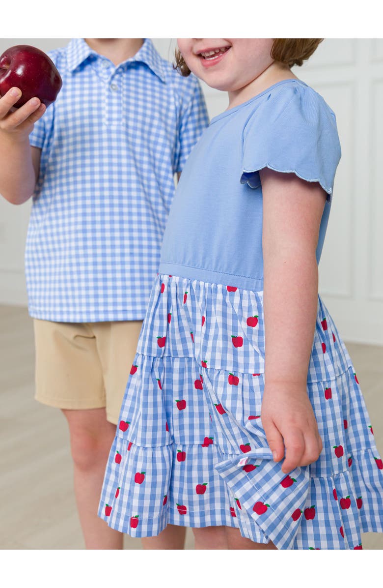 RuffleButts Mixed Media Short Sleeve Tiered Dress, Alternate, color, Apple Orchard Classic Gingham