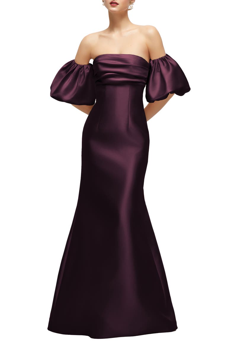 Off the Shoulder Puff Sleeve Satin Gown, Main, color, DEEP PLUM