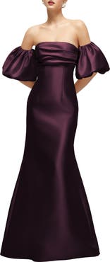 Alfred Sung Off the Shoulder Puff Sleeve Satin Gown