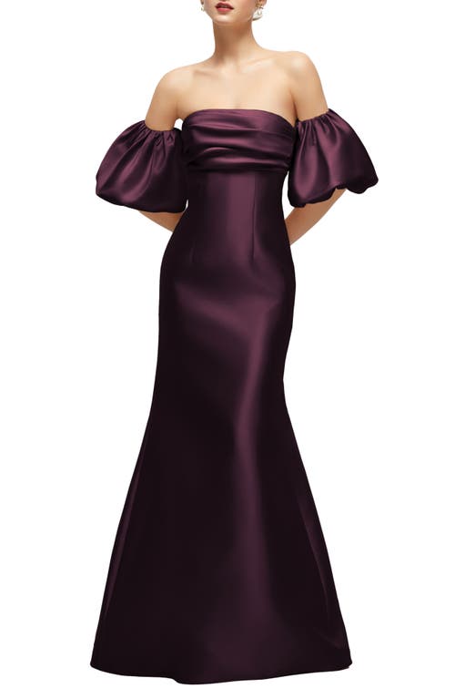 Alfred Sung Off The Shoulder Puff Sleeve Satin Gown In Purple