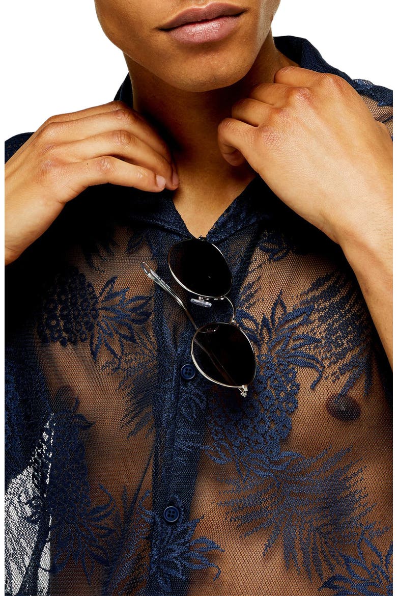 Palms Mesh Short Sleeve Button-Up Camp Shirt, Alternate, color, NAVY BLUE