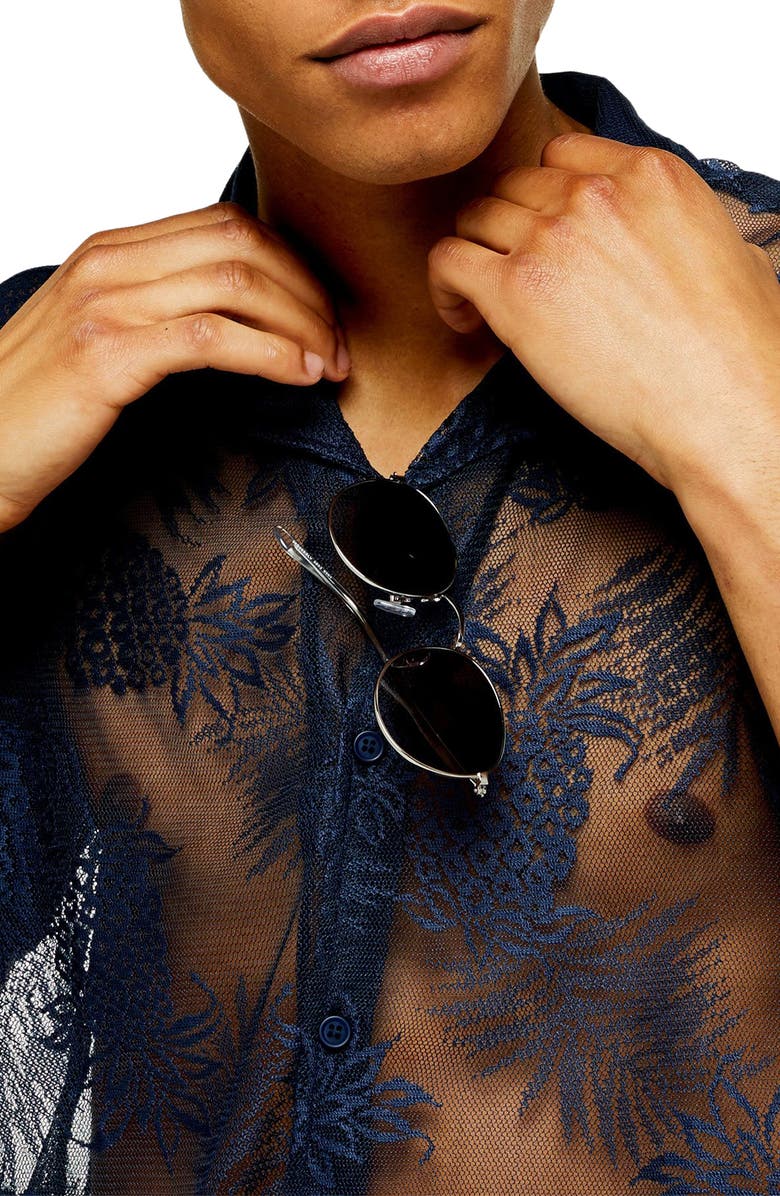 Topman Palms Mesh Short Sleeve Button-Up Camp Shirt, Alternate, color, 