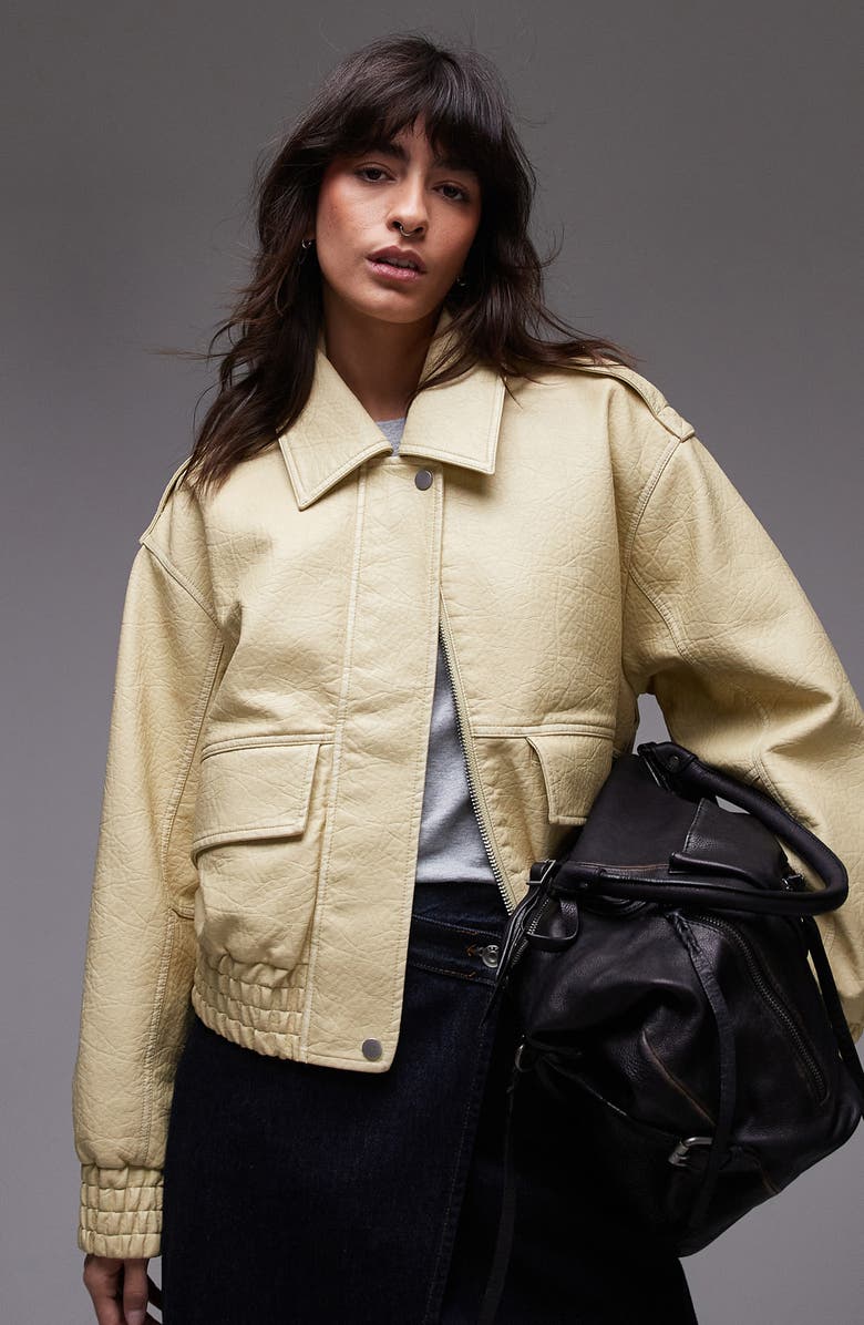 Topshop Textured Faux Leather Crop Bomber Jacket, Main, color,