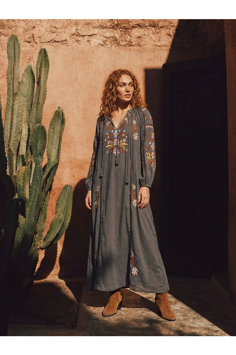 Elisa Kaftan Style Embroidered Maxi Dress, Alternate, color, Dark Grey