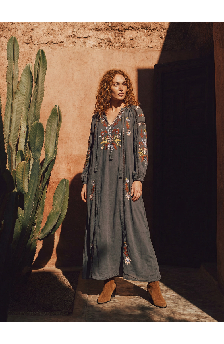 Raffya Elisa Kaftan Style Embroidered Maxi Dress, Alternate, color, Dark Grey