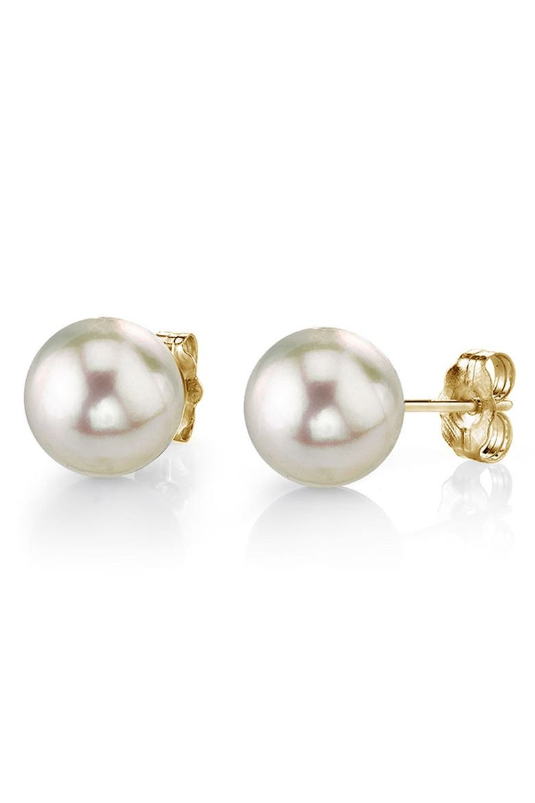9.5-10.0mm White Akoya Round Pearl Stud Earrings, Main, color, Yellow Gold