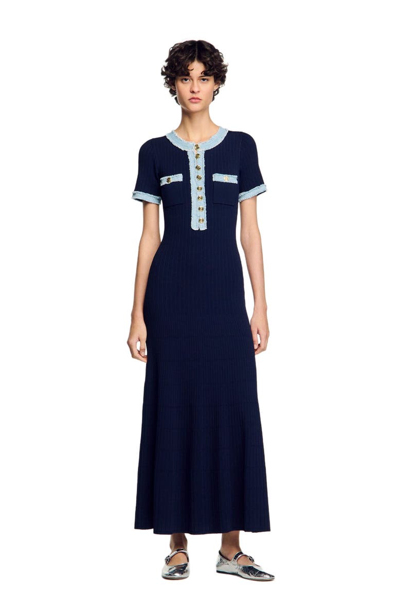 SANDRO Knit and denim midi dress, Alternate, color, 
