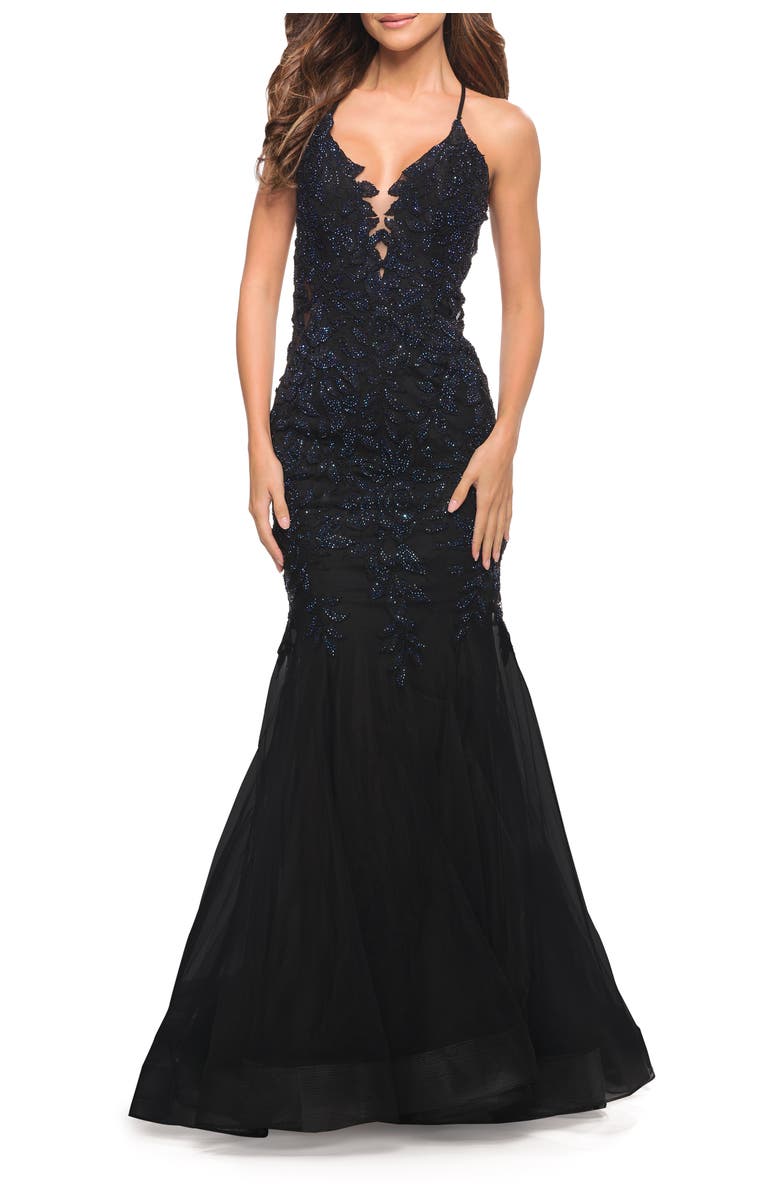 La Femme Mermaid Tulle and Lace Jeweled Prom Dress, Main, color, Black