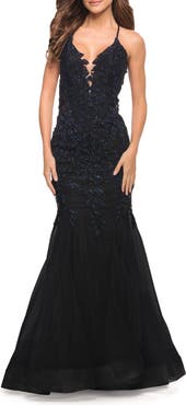 La Femme Mermaid Tulle and Lace Jeweled Prom Dress