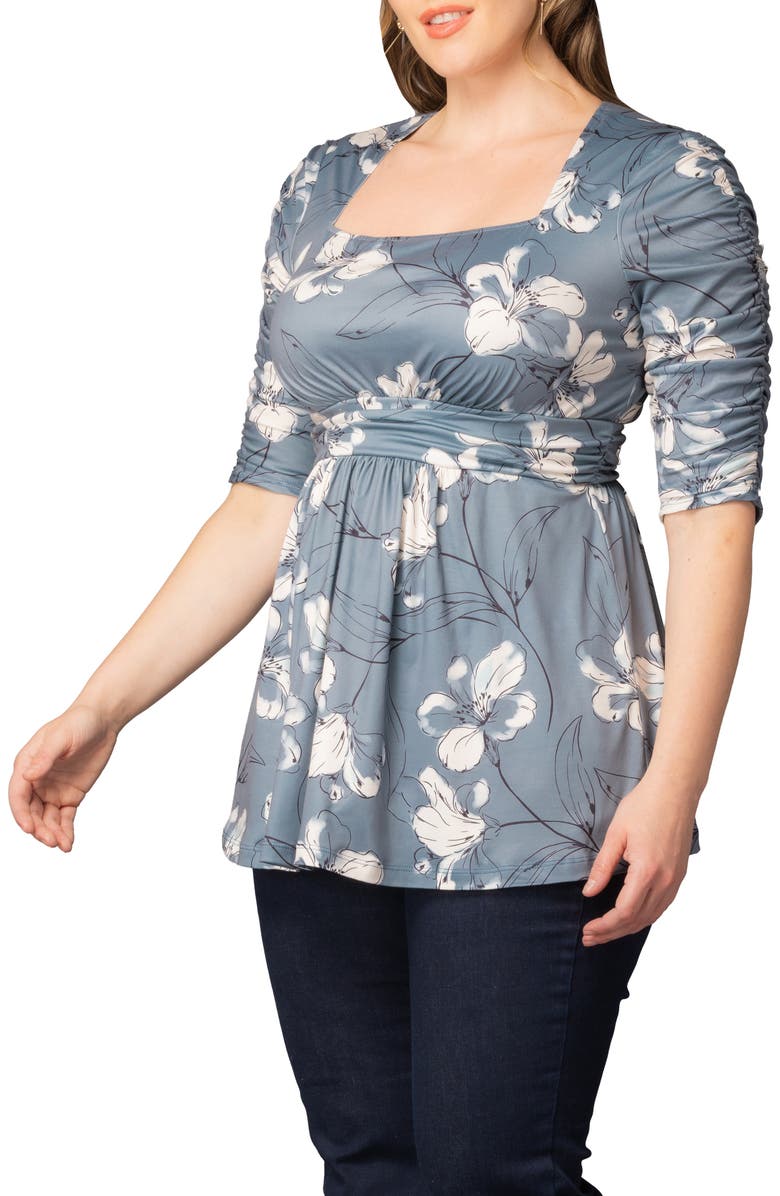 Kiyonna Solstice Ruched Sleeve Top, Alternate, color, Grey Lily Print