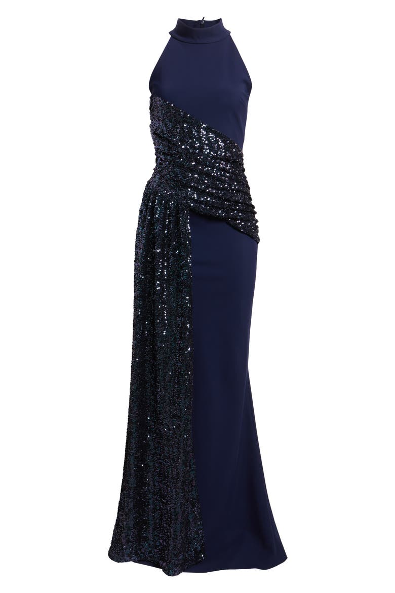 Virgo Sequin Drape Mermaid Gown, Alternate, color, BLUE NOTTE